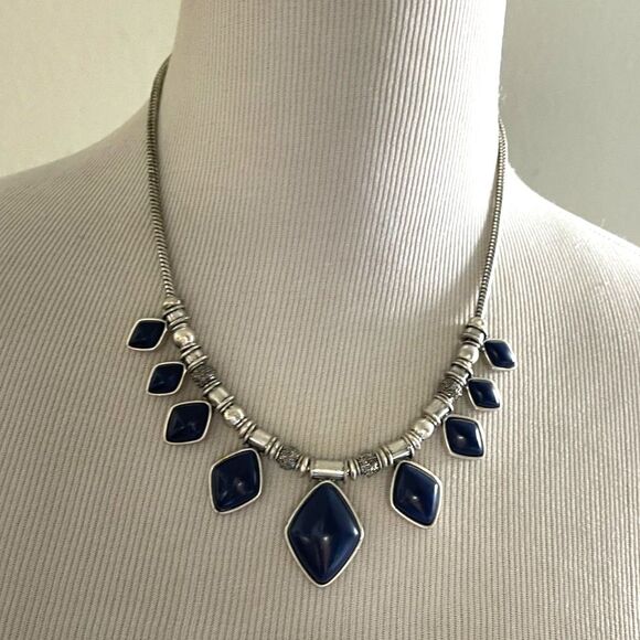 Signed Lucky Brand Navy Cabochon Silver Tone Bib Choker Statement Necklace - Picture 1 of 9